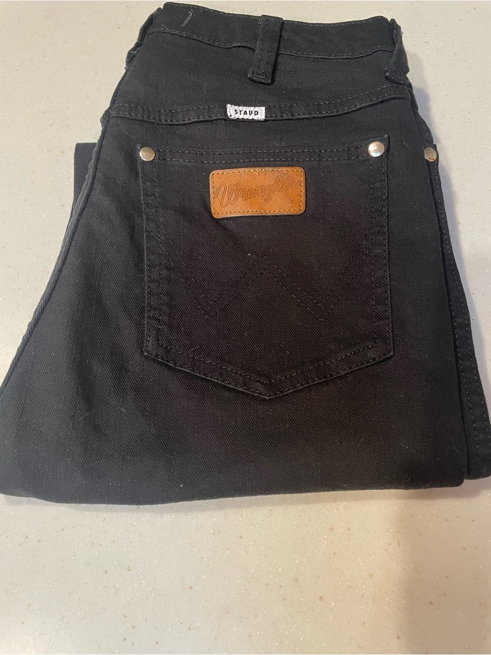 STAUD Women’s Jeans in Black with Brown Patch